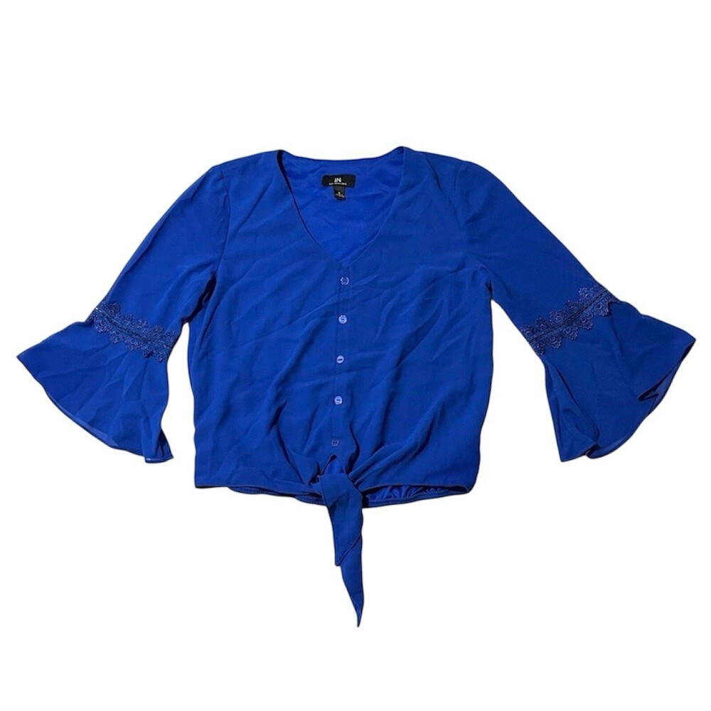 Anthropologie Top IN San Francisco Women Vintage Y2K Cobalt Bell Sleeve Lace